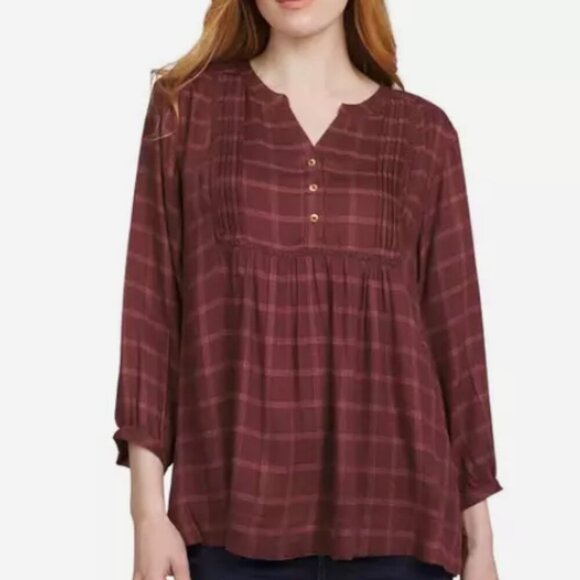 NEW Wrangler Womens XS Plaid V-Neck Button-Front Sleeves Burgundy Lightweight - Picture 1 of 9